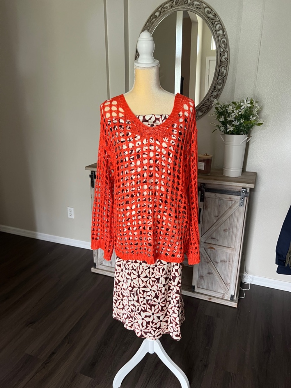 The Drop strapless  Floral Maxi Dress with Orange Crochet Overlay